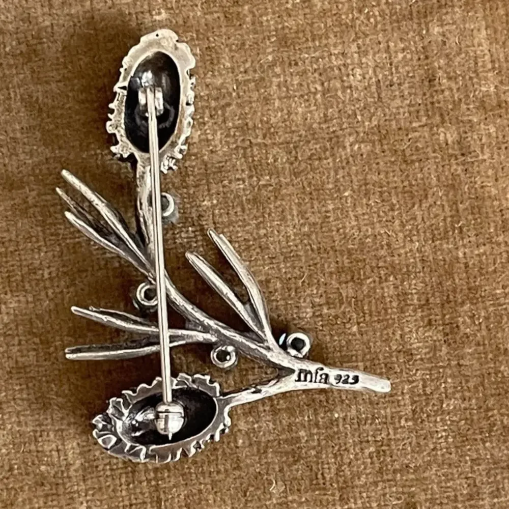 Vintage MFA Museum of Fine Arts Sterling Silver Pine Cone Bough Blue Pin Brooch